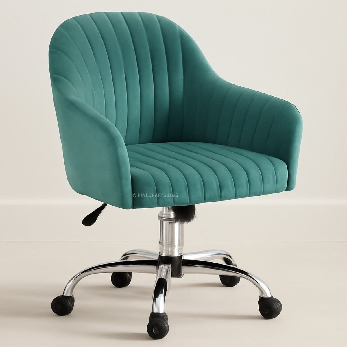 Teal office chair with a ribbed texture on a beige background